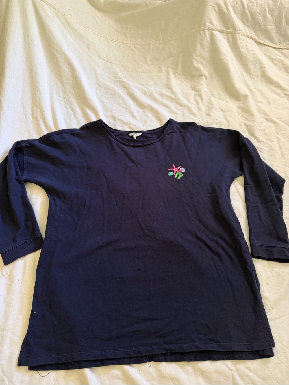 crown & ivy Navy Long-Sleeve Tee with Small Floral Embroidery